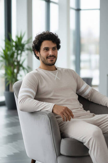 Ekru Line Desenli Stylish Erkek Uzun Kol Pijama Takımı - 2