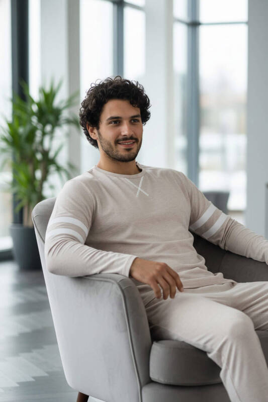 Ekru Line Desenli Stylish Erkek Uzun Kol Pijama Takımı - Pijamaevi (1)