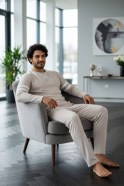Ekru Line Desenli Stylish Erkek Uzun Kol Pijama Takımı - 4