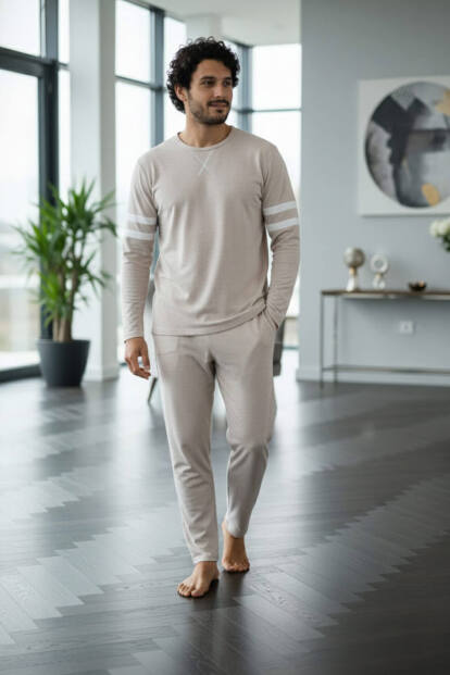 Ekru Line Desenli Stylish Erkek Uzun Kol Pijama Takımı - 5