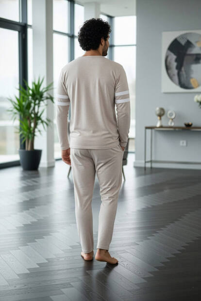Ekru Line Desenli Stylish Erkek Uzun Kol Pijama Takımı - 6