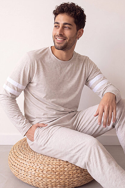 Ekru Line Desenli Stylish Erkek Uzun Kol Pijama Takımı 