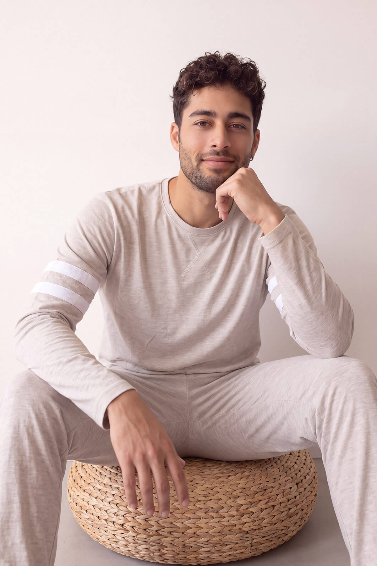 Ekru Line Desenli Stylish Erkek Uzun Kol Pijama Takımı - Pijamaevi (1)