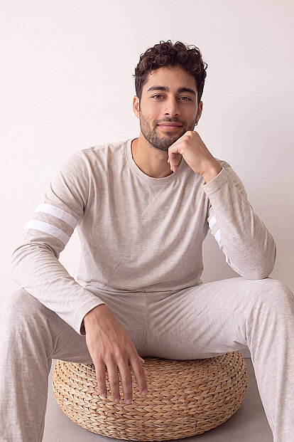 Ekru Line Desenli Stylish Erkek Uzun Kol Pijama Takımı - 2