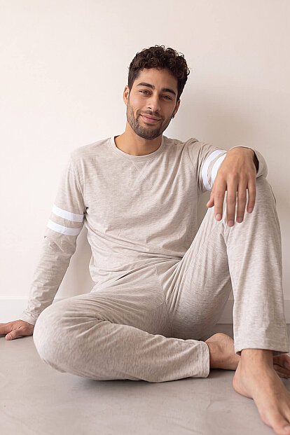 Ekru Line Desenli Stylish Erkek Uzun Kol Pijama Takımı - 4