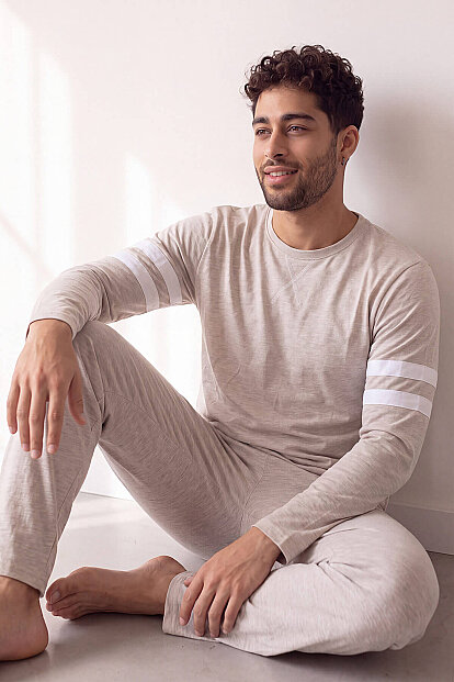 Ekru Line Desenli Stylish Erkek Uzun Kol Pijama Takımı - 5