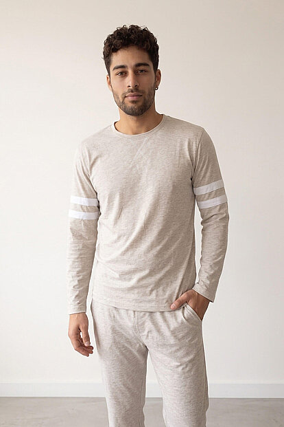 Ekru Line Desenli Stylish Erkek Uzun Kol Pijama Takımı - 6