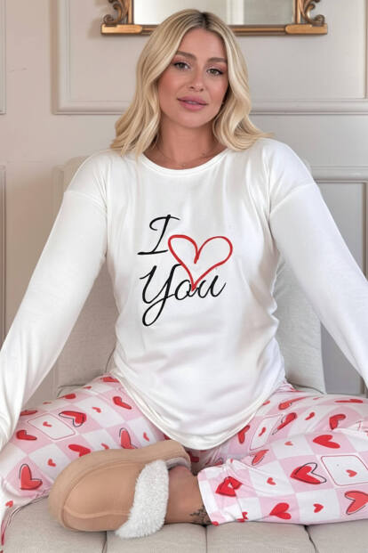 Ekru Love You Desenli Termal Kadın Pijama Takımı 