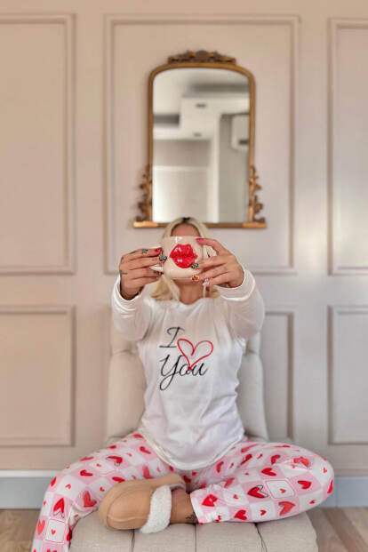 Ekru Love You Desenli Termal Kadın Pijama Takımı - 3