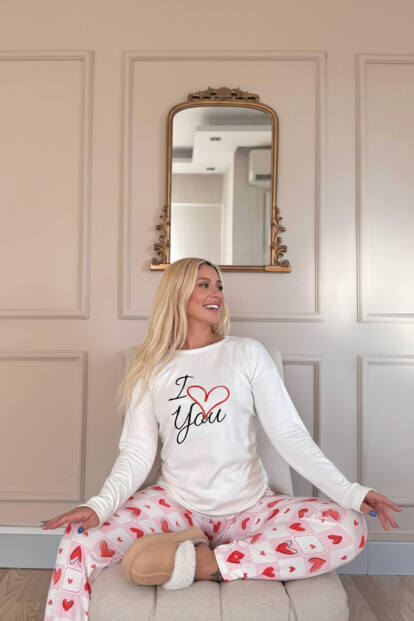 Ekru Love You Desenli Termal Kadın Pijama Takımı - 4