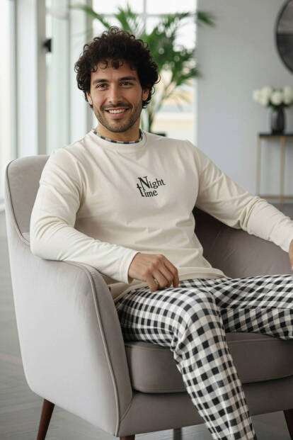 Ekru Night Stylish Erkek Uzun Kol Pijama Takımı - 2