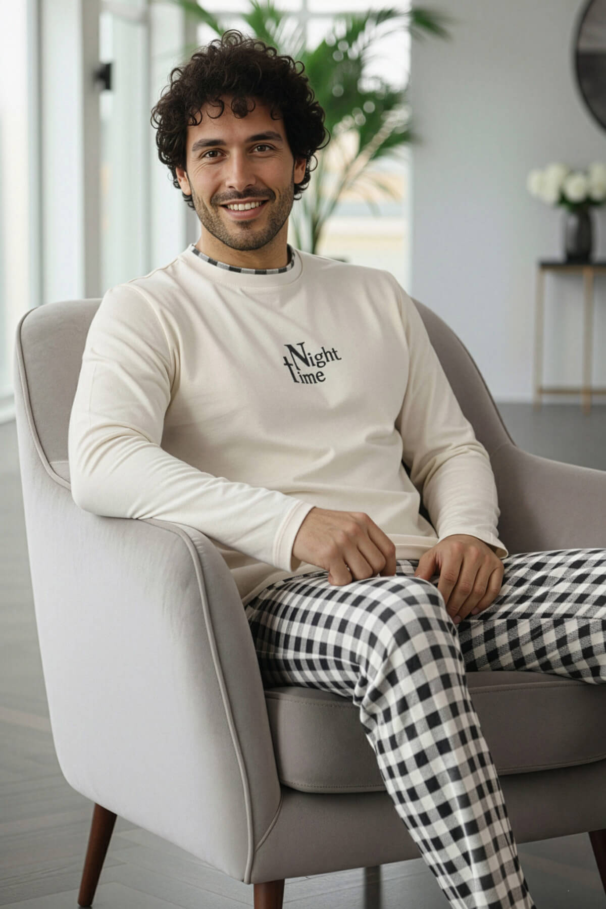 Ekru Night Stylish Erkek Uzun Kol Pijama Takımı - Pijamaevi (2)