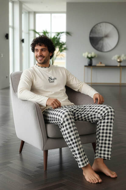 Ekru Night Stylish Erkek Uzun Kol Pijama Takımı - 4