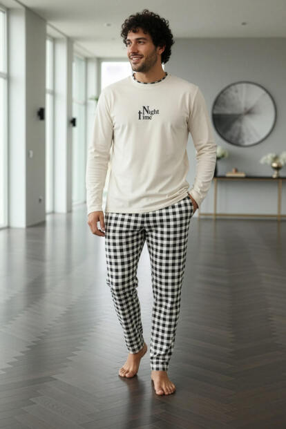 Ekru Night Stylish Erkek Uzun Kol Pijama Takımı - 5