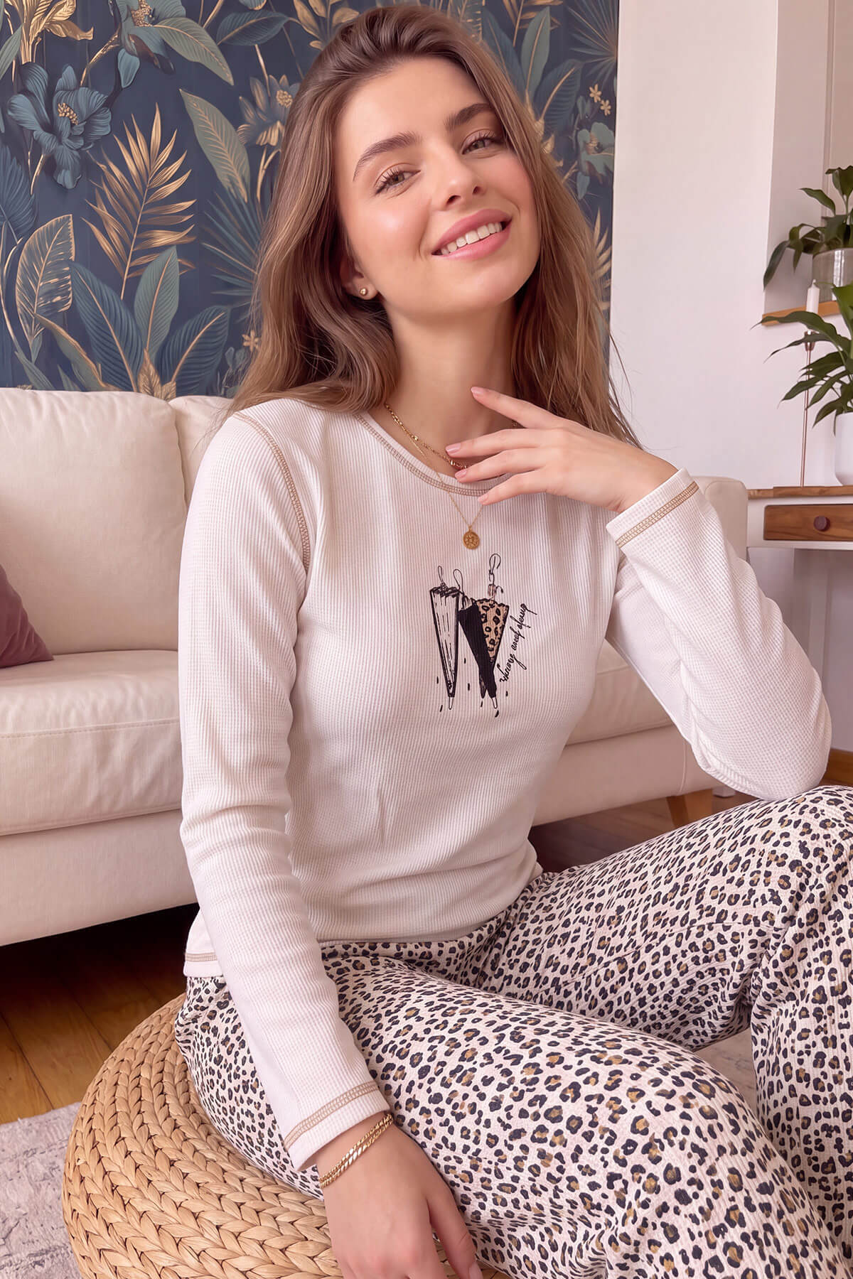 Ekru Payong Desenli Waffle Soft Uzun Kollu Kadın Pijama Takım - Pijamaevi (1)