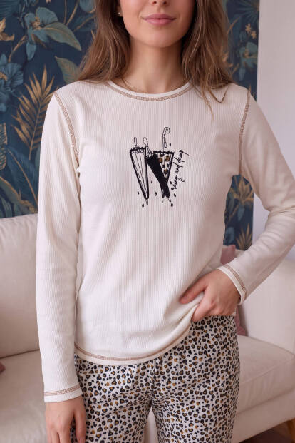 Ekru Payong Desenli Waffle Soft Uzun Kollu Kadın Pijama Takım - 6
