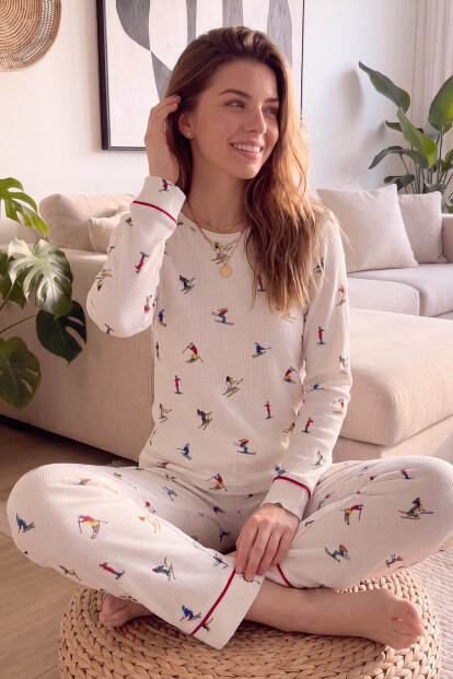 Ekru Slalom Desenli Waffle Soft Uzun Kollu Kadın Pijama Takım - 3