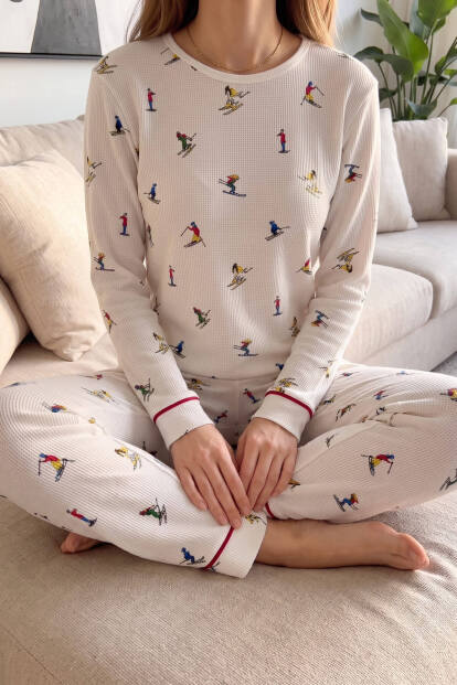 Ekru Slalom Desenli Waffle Soft Uzun Kollu Kadın Pijama Takım - 5