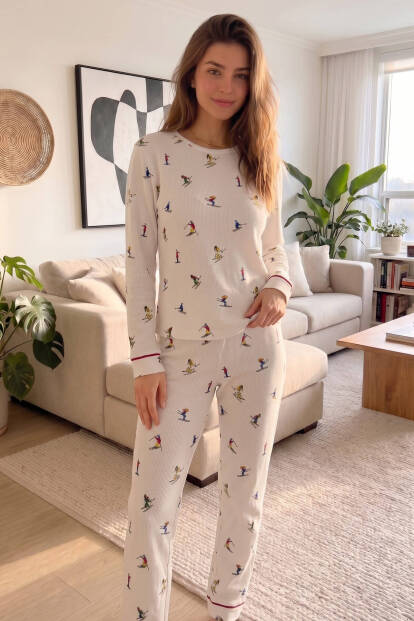 Ekru Slalom Desenli Waffle Soft Uzun Kollu Kadın Pijama Takım - 6