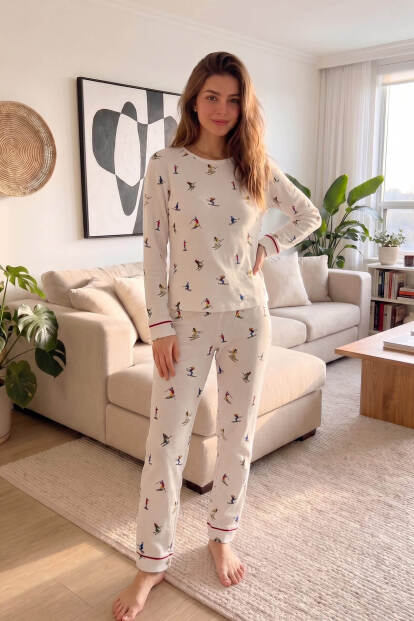 Ekru Slalom Desenli Waffle Soft Uzun Kollu Kadın Pijama Takım - 7