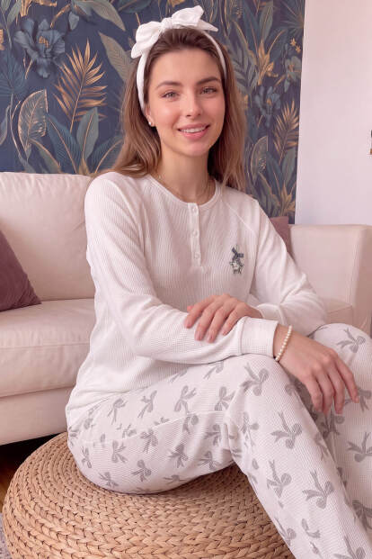Ekru Stella Fiorita Desenli Waffle Soft Uzun Kollu Kadın Pijama Takım 