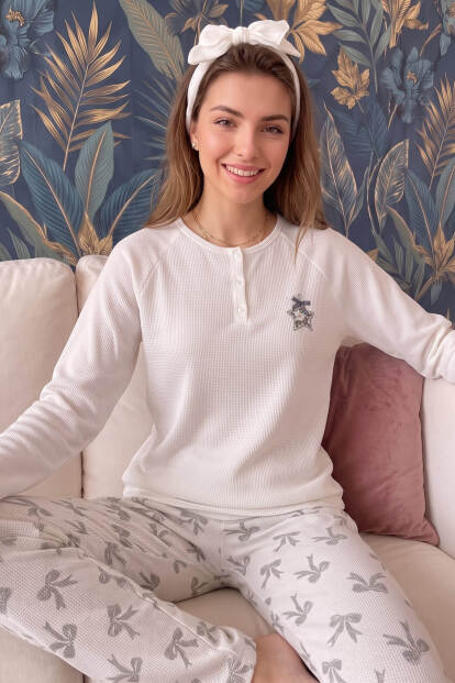 Ekru Stella Fiorita Desenli Waffle Soft Uzun Kollu Kadın Pijama Takım - 3