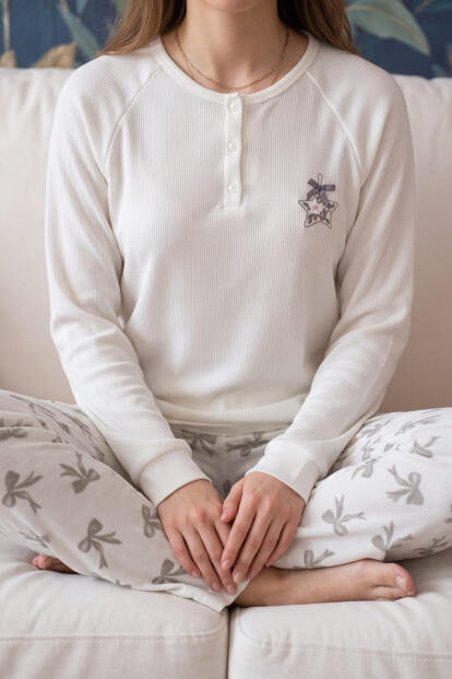 Ekru Stella Fiorita Desenli Waffle Soft Uzun Kollu Kadın Pijama Takım - 4