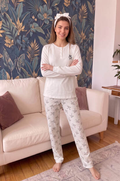 Ekru Stella Fiorita Desenli Waffle Soft Uzun Kollu Kadın Pijama Takım - 6