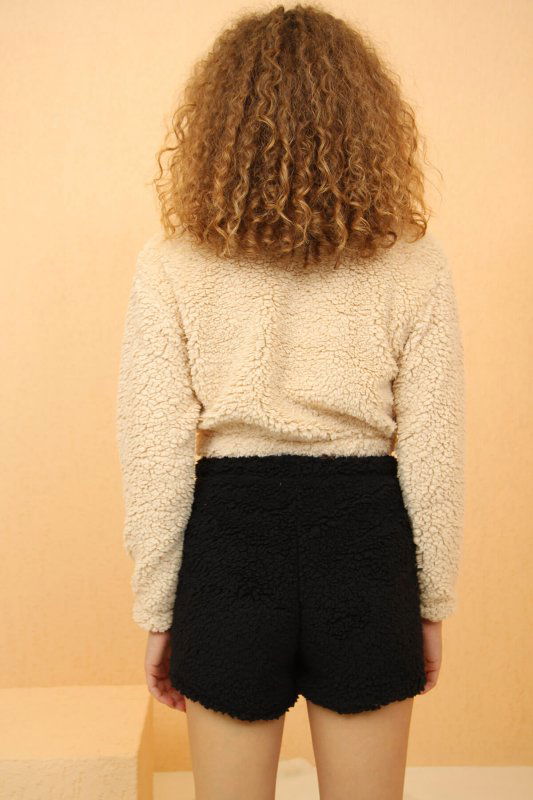 Ekru Tiger Desenli Crop Poodle Peluş Pijama Takımı - Pijamaevi (3)