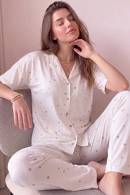 Ekru Twilight Glow Desenli Bambu Önden Düğmeli Kısa Kol Pijama Takımı - 1