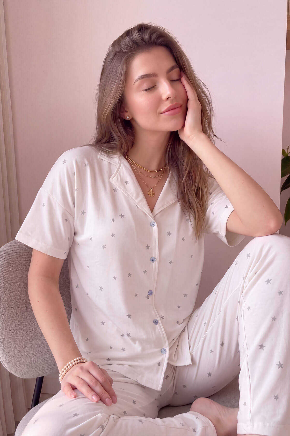 Ekru Twilight Glow Desenli Bambu Önden Düğmeli Kısa Kol Pijama Takımı - Pijamaevi (1)