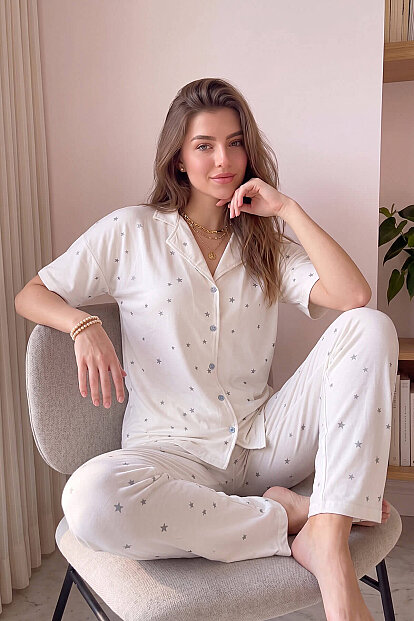 Ekru Twilight Glow Desenli Bambu Önden Düğmeli Kısa Kol Pijama Takımı - 3