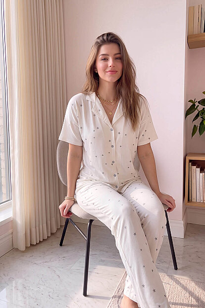Ekru Twilight Glow Desenli Bambu Önden Düğmeli Kısa Kol Pijama Takımı - 4