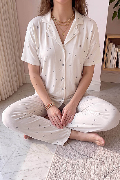 Ekru Twilight Glow Desenli Bambu Önden Düğmeli Kısa Kol Pijama Takımı - 5