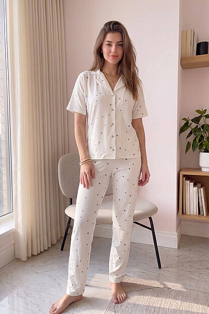 Ekru Twilight Glow Desenli Bambu Önden Düğmeli Kısa Kol Pijama Takımı - 7