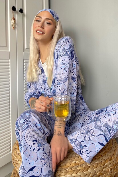 Etnik Baskılı Sabahlıklı Pijama Takımı - 1