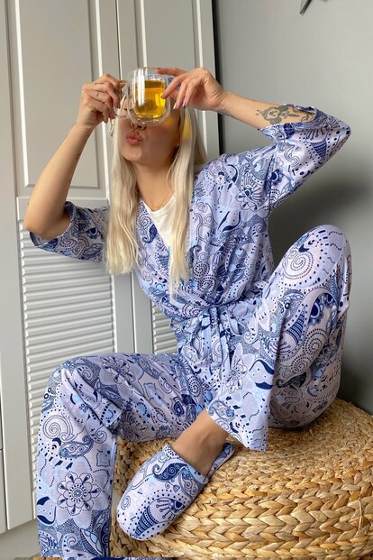 Etnik Baskılı Sabahlıklı Pijama Takımı - 2