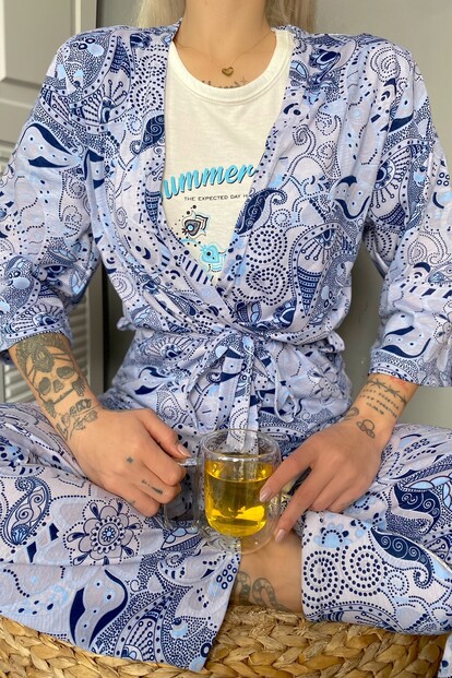 Etnik Baskılı Sabahlıklı Pijama Takımı - 3