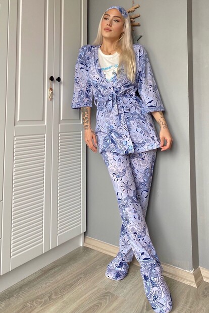 Etnik Baskılı Sabahlıklı Pijama Takımı - 4