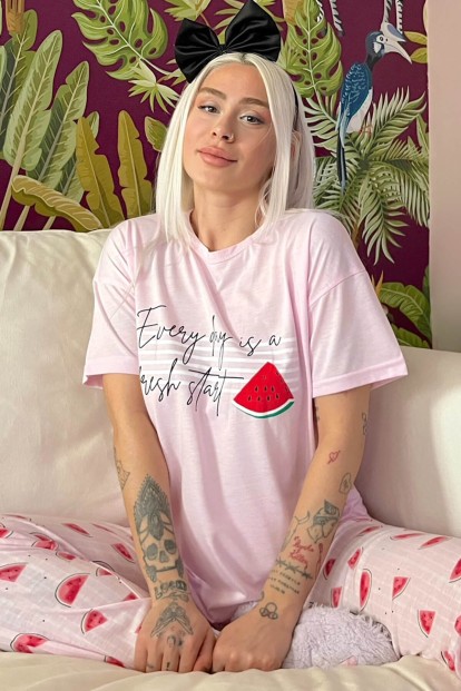 Every Day Baskılı Örme Kısa Kol Kadın Pijama Takımı - 1