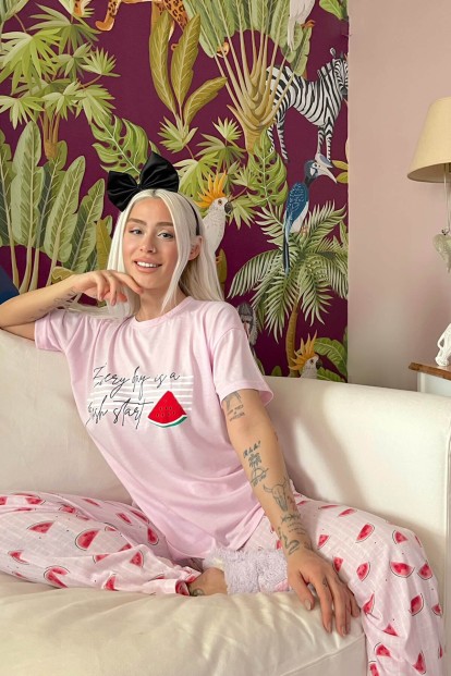 Every Day Baskılı Örme Kısa Kol Kadın Pijama Takımı - 2