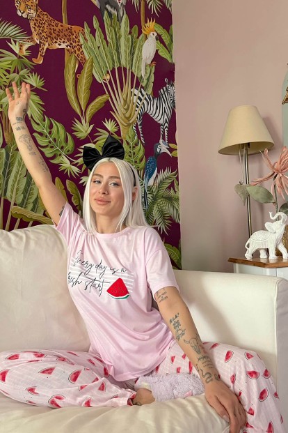 Every Day Baskılı Örme Kısa Kol Kadın Pijama Takımı - 3