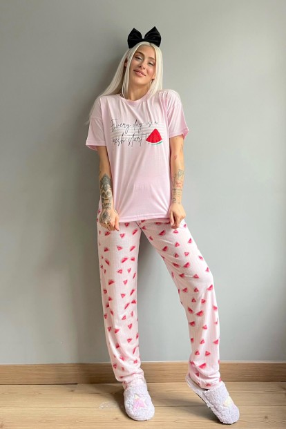 Every Day Baskılı Örme Kısa Kol Kadın Pijama Takımı - 5