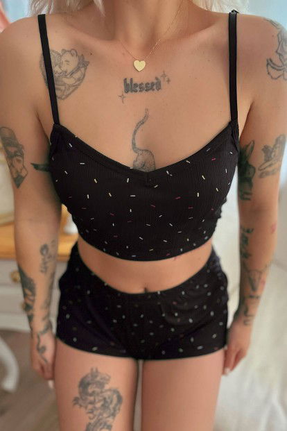 Fiesta Desenli Şortlu Crop Bustiyer Pijama Takım - 4