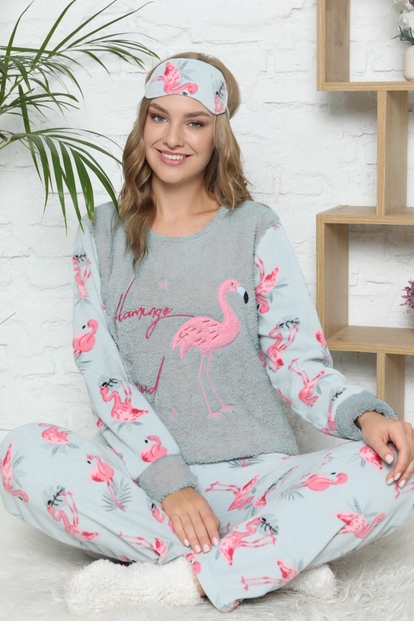 Flamingo Desenli Kadın Peluş Pijama Takımı - 1