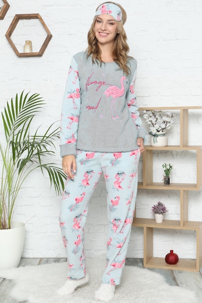 Flamingo Desenli Kadın Peluş Pijama Takımı - 2