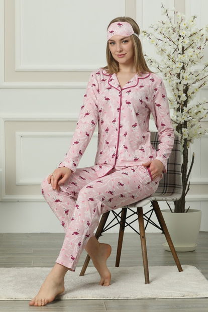Flamingo Desenli Önden Düğmeli Uzun Kollu Pijama Takımı - 1
