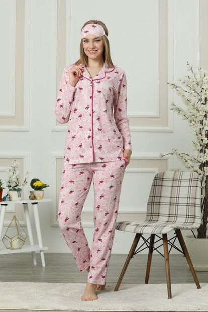 Flamingo Desenli Önden Düğmeli Uzun Kollu Pijama Takımı - 2