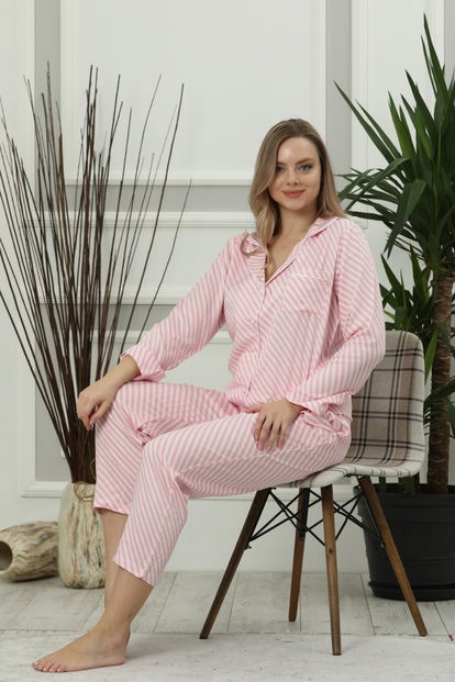 Flat Pink Exclusive Collection Önden Düğmeli Uzun Kollu İpek Saten Pijama Takımı - 1