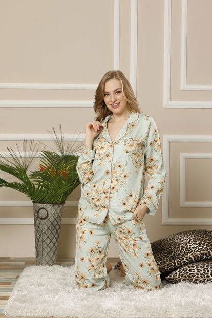 Flor Exculusive Collection Önden Düğmeli Uzun Kollu İpek Saten Pijama Takımı - 2
